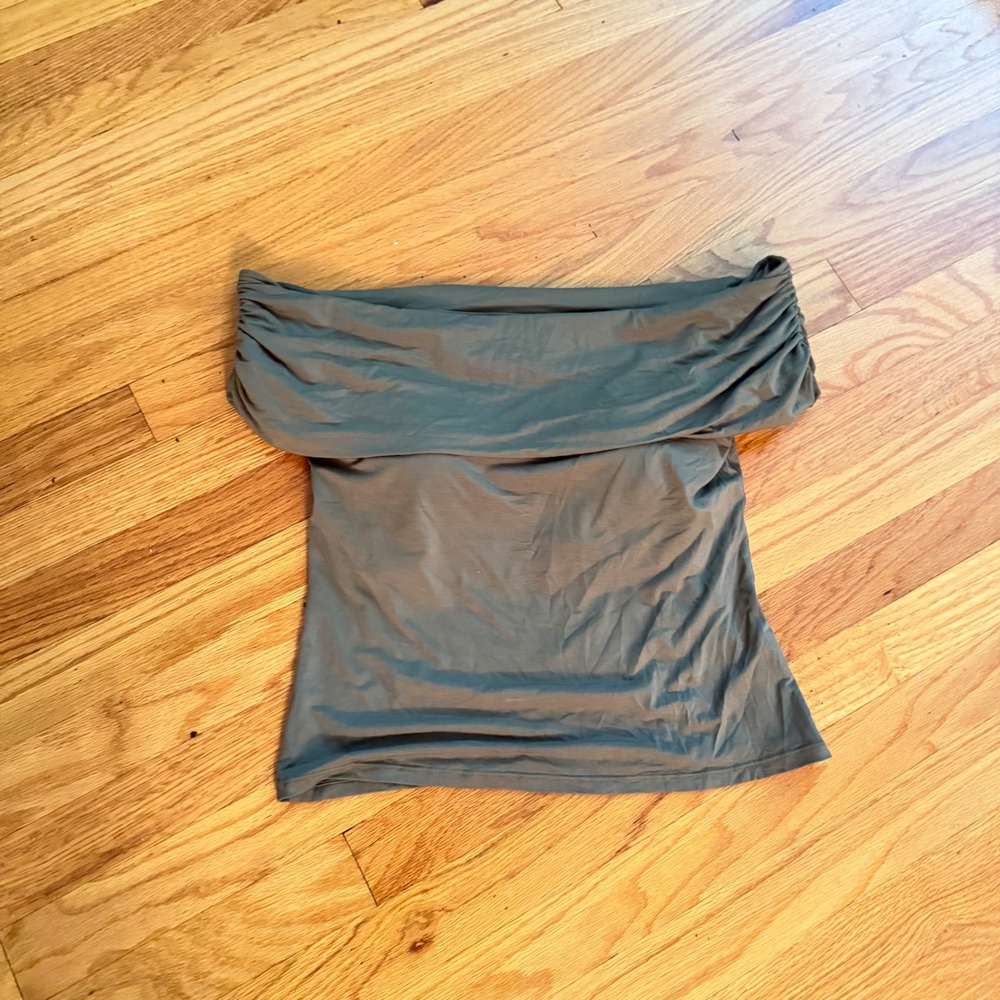 Klassy Network Brami Off the Shoulder Top Large Olive Green Modal Ruched